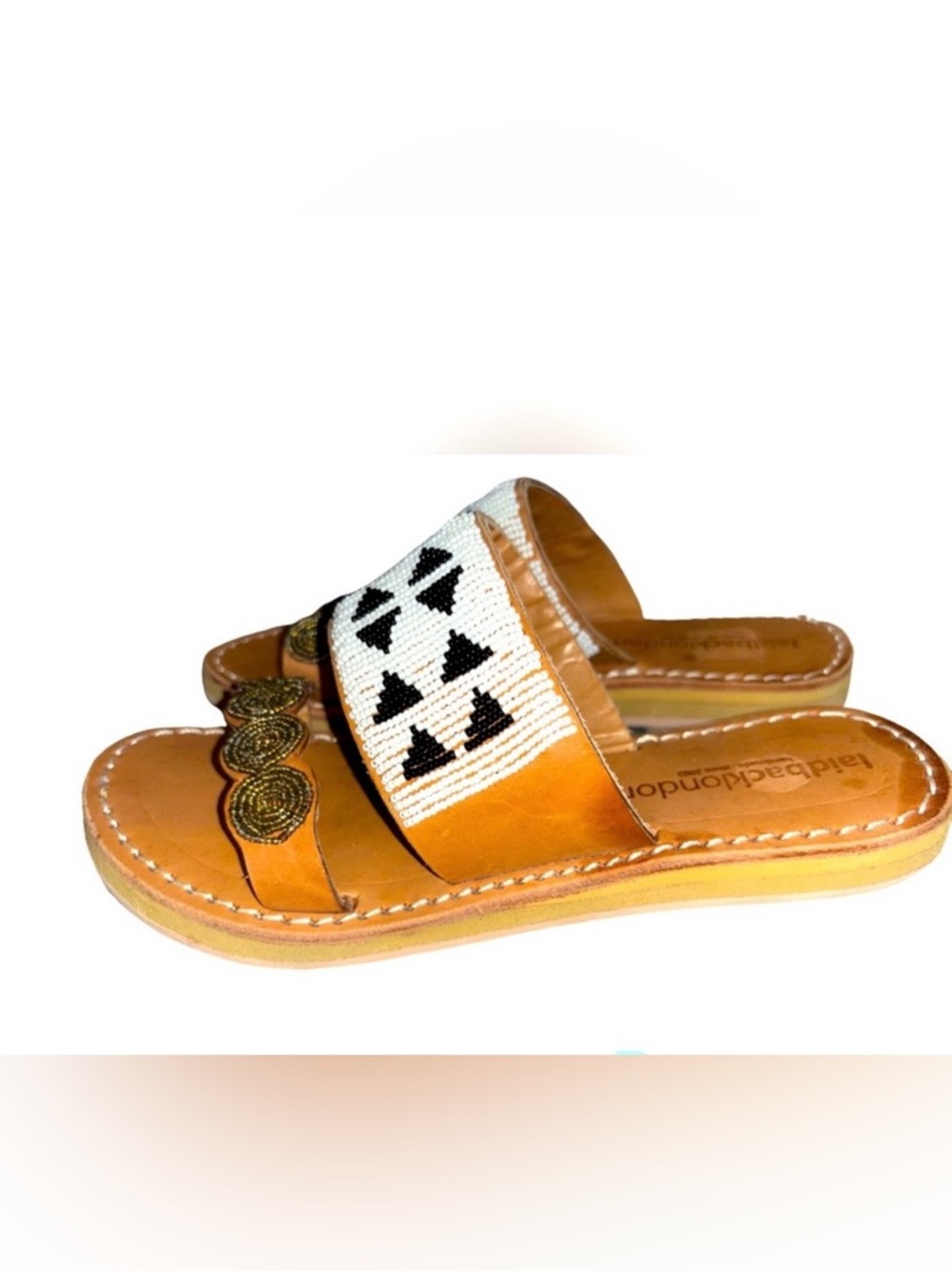 ANTHROPOLOGIE LAIDBACK LONDON Beaded White Gold & Black Leather Slide Sa…